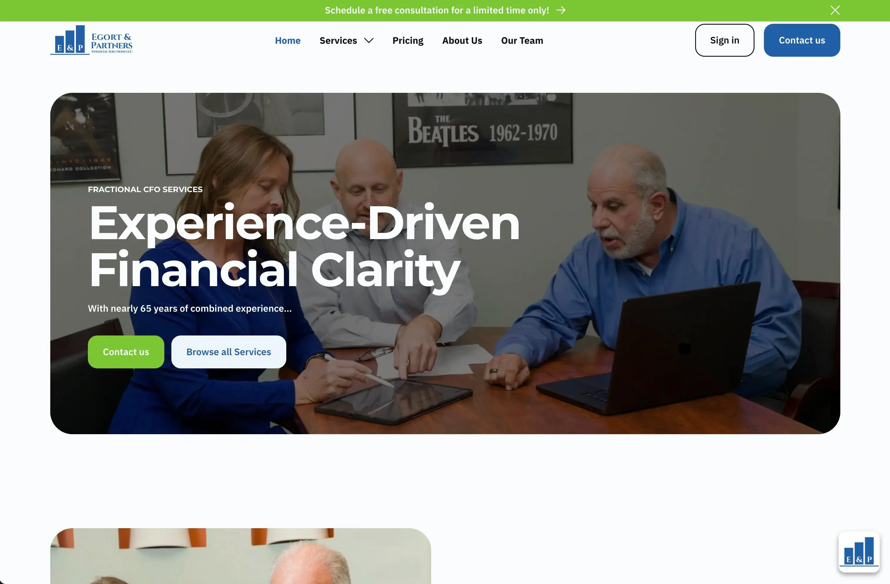 Egort & Partners homepage - "Experience-Driven Financial Clarity" over a photograph of three advisers reviewing figures at a boardroom table, with Contact us and Browse all Services buttons