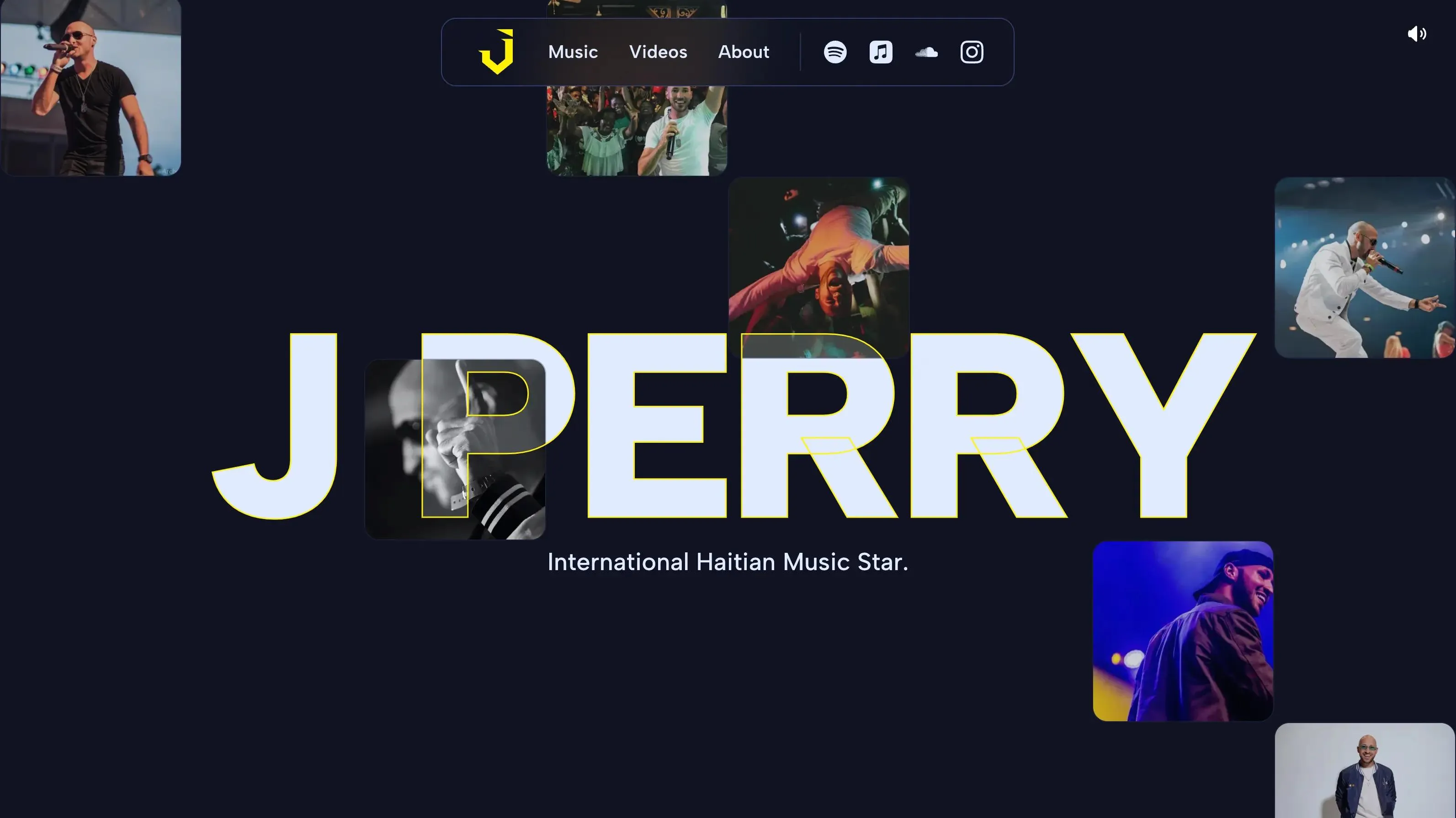J Perry homepage - the artist's name in outlined type over a collage of live performance photographs, captioned International Haitian Music Star