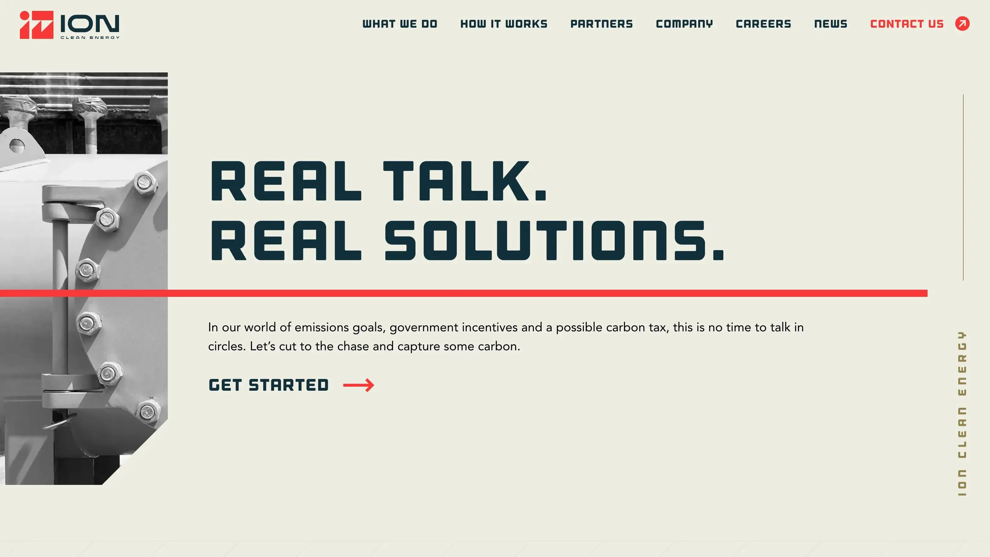 ION Clean Energy homepage - "Real Talk. Real Solutions." with copy about emissions goals and a possible carbon tax, beside a photograph of bolted capture equipment