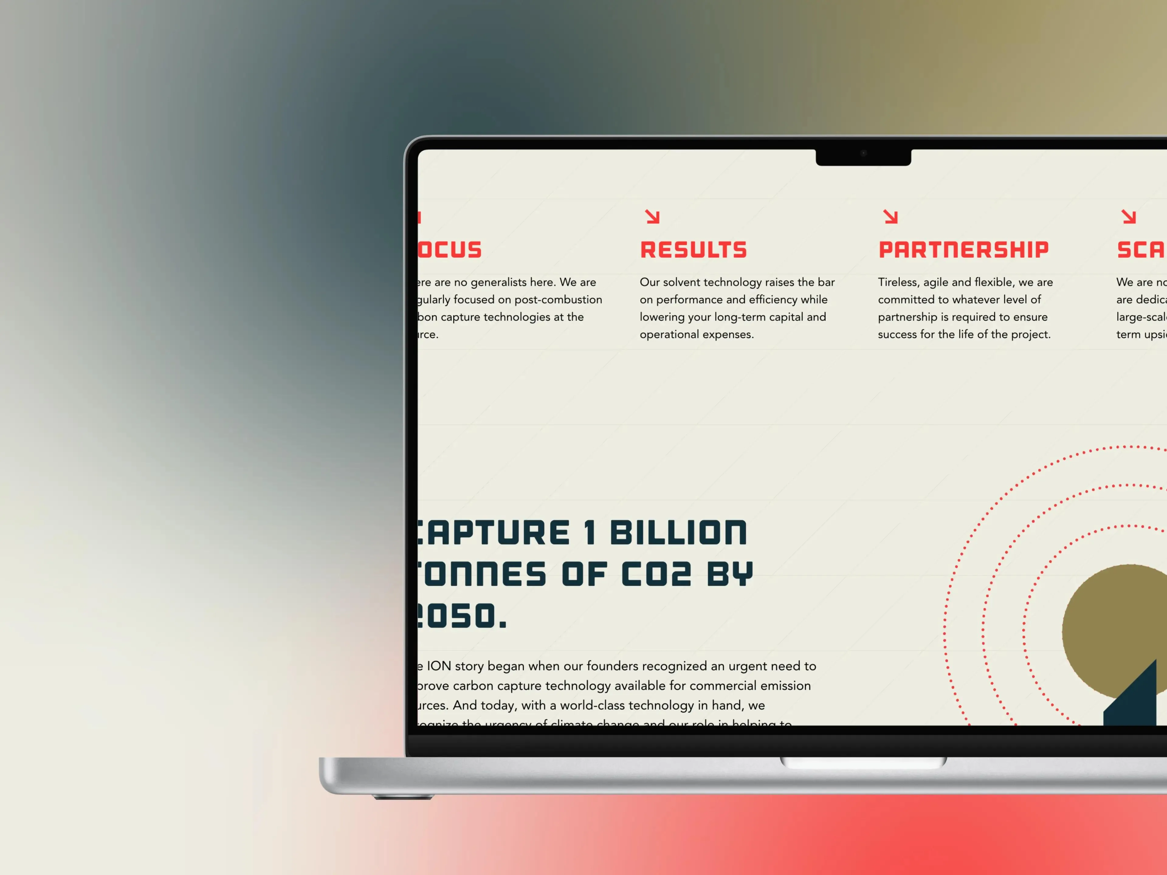 The what-we-do section on a laptop - Focus, Results, Partnership and Scale columns above the stated goal to capture one billion tonnes of CO2 by 2050